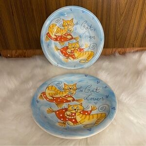 Set of two‎ small hand painted cat lovers  stoneware plates